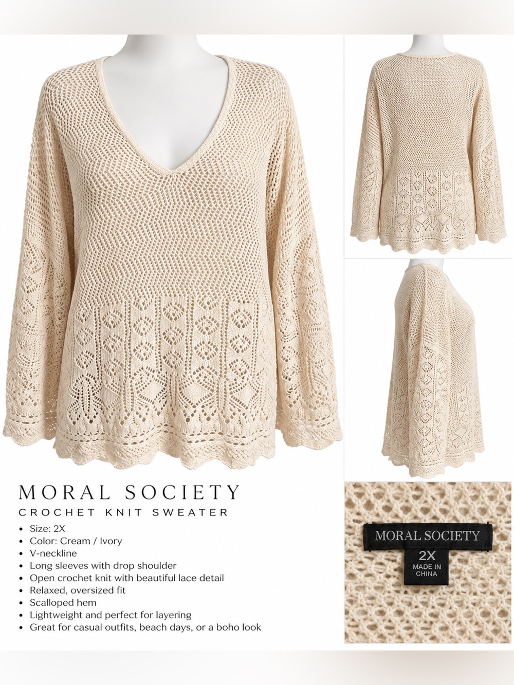Cream Crochet V-Neck Sweater